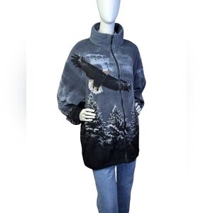 Vintage Bald Eagle Scenic Fleece Zip Jacket XXL Oversized Forest Cabin Cozy